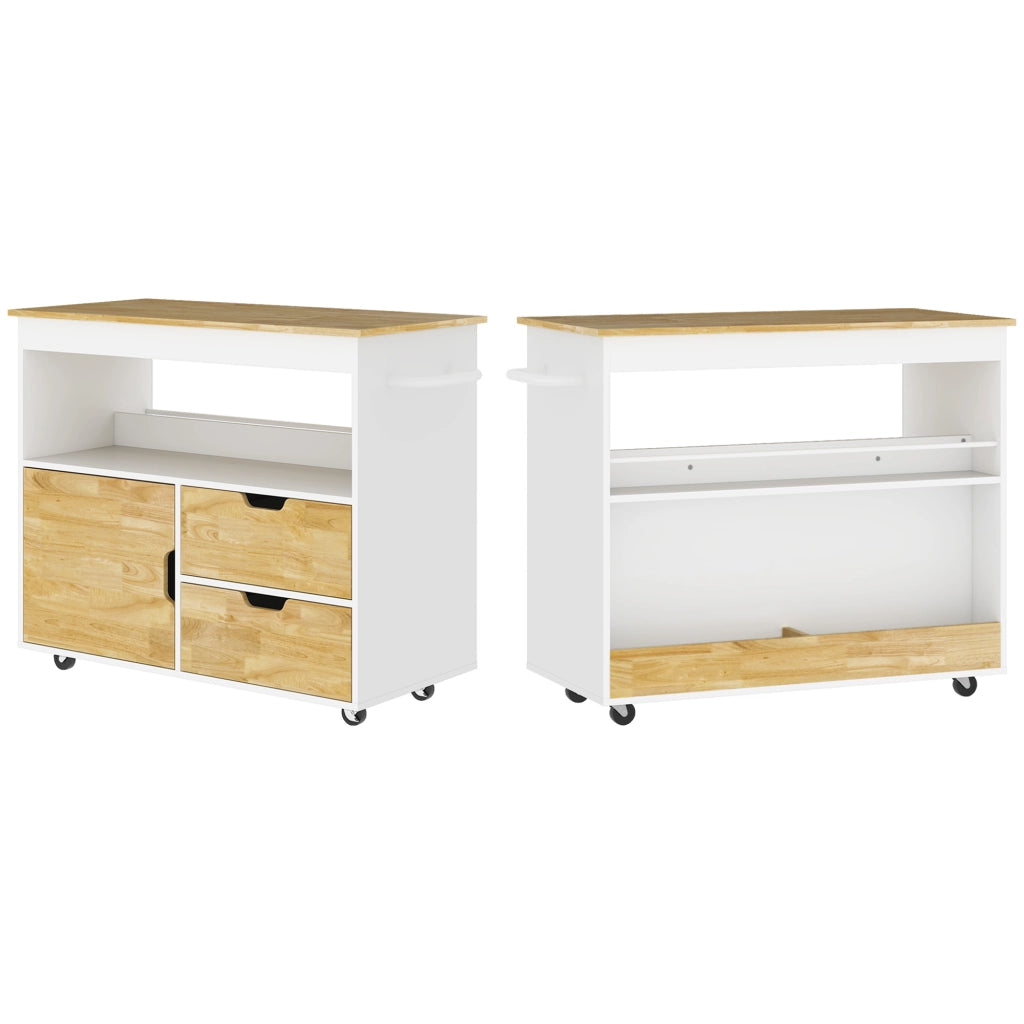 Carrello da Cucina con 2 Cassetti; 1 Anta; 1 Vano Aperto; Portasciugamani e Ruote; in Legno; Rovere