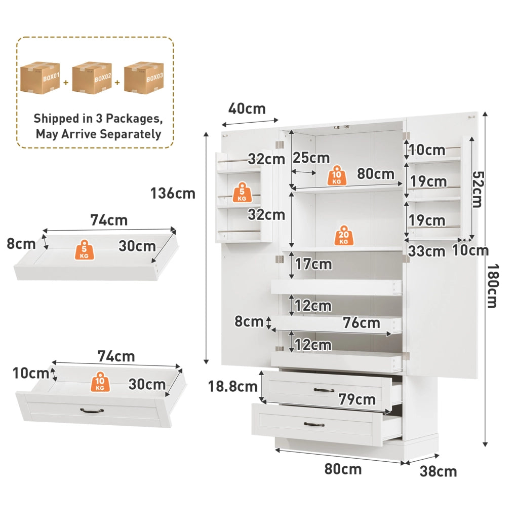 Armadio alto da cucina con 3 ripiani estraibili e 2 cassetti; 180x80x37;5 cm; bianco