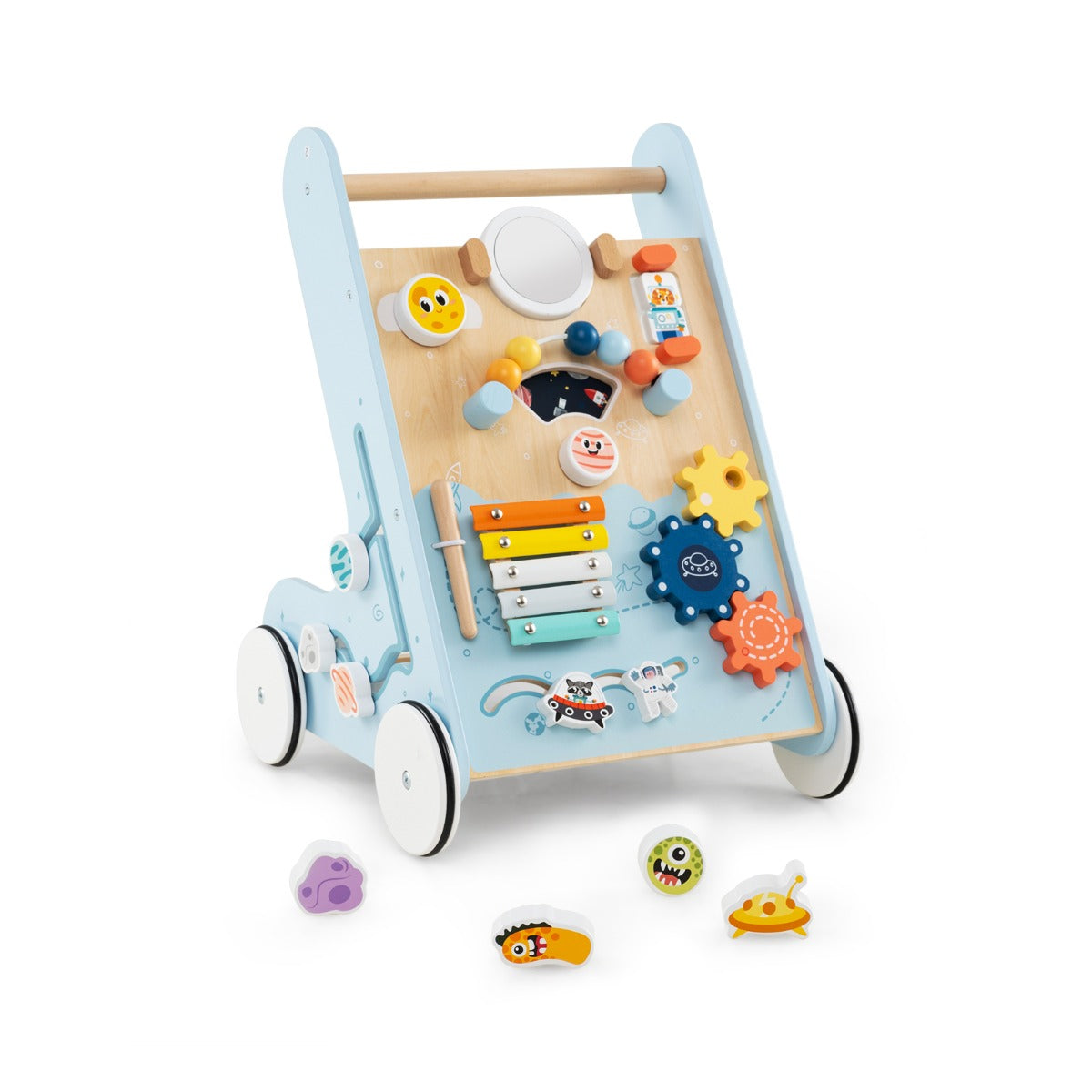 Girello in legno per bambini di apprendimento a spinta ea trazione, Girello in legno per bambini con ruote Blu-Primi passi