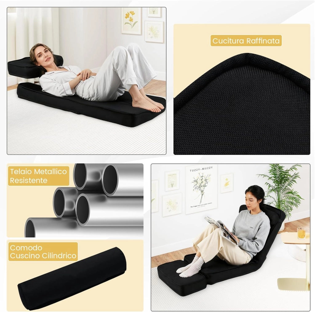 Sedia da Terra Pieghevole, Poltrona Relax Imbottita con Schienale e Poggiapiedi Regolabili, Sedia da Pavimento con Tavolino e Cuscino, per Soggiorno e Camera da Letto