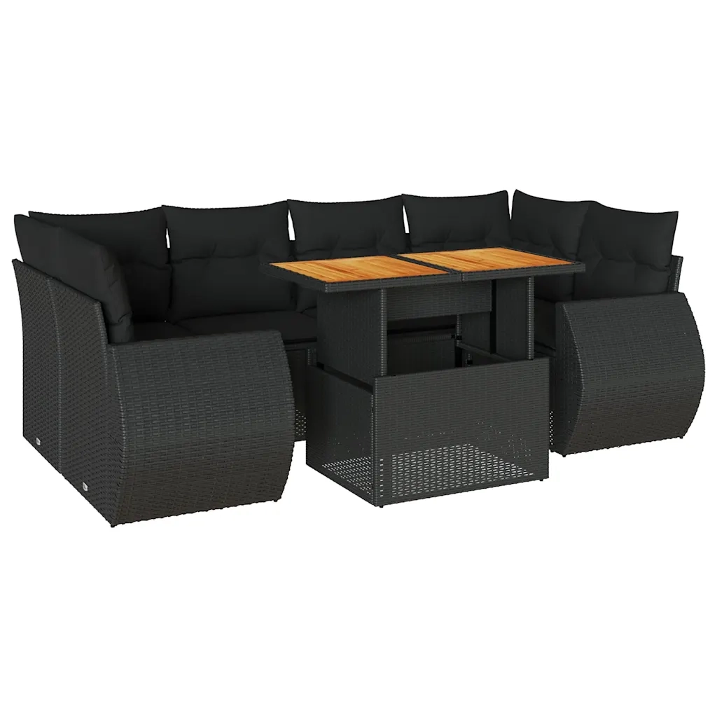 Set Divani da Giardino con Cuscini 7pz Nero Polyrattan