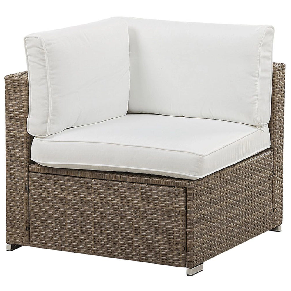 Set salotto da esterno marrone finto rattan bianco cuscini divano angolare modulare per 6 persone tavolino moderno set da giardino