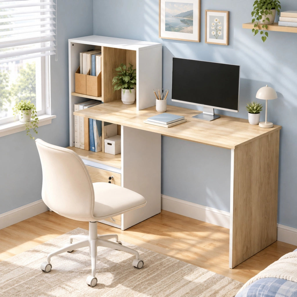 Scrivania per computer 126x50x109 cm bianco e rovere con vani e cassetto –