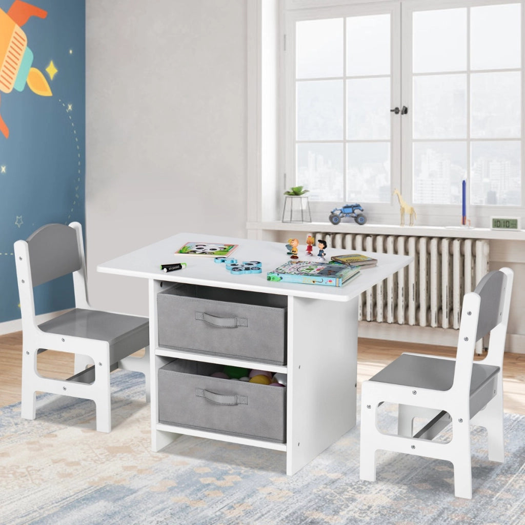 Set di tavolo e 2 sedie bambini, Set di scrivania da 3 pezzi con ceste portaoggetti rimovibili per stanza giochi grigio