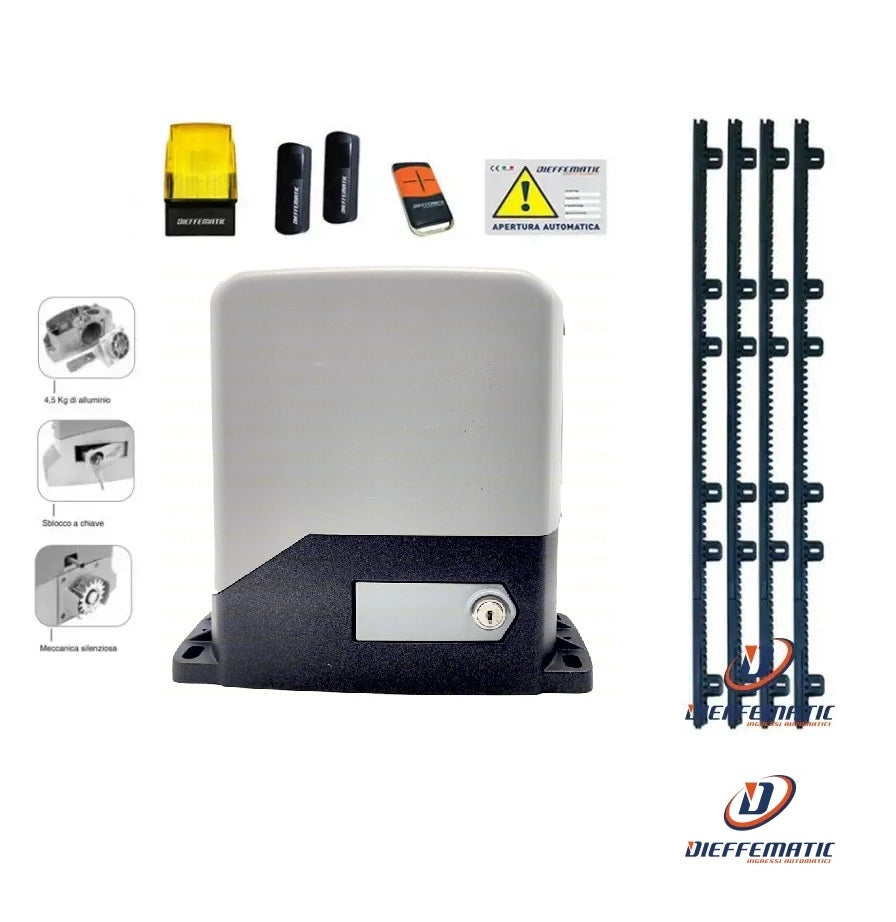 KIT PER CANCELLO SCORREVOLE 600Kg 230V + 4 MT METRI DI CREMAGLIERA CREMAGLIERE