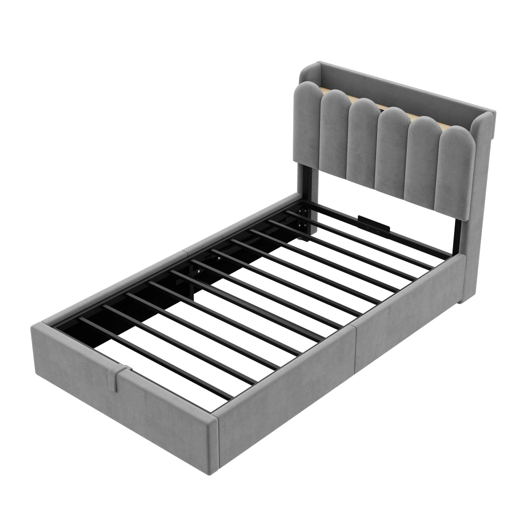 Letto Singolo 90x200 cm; Contenitore; USB e Type-C; Luce Notturna; in Velluto Grigio