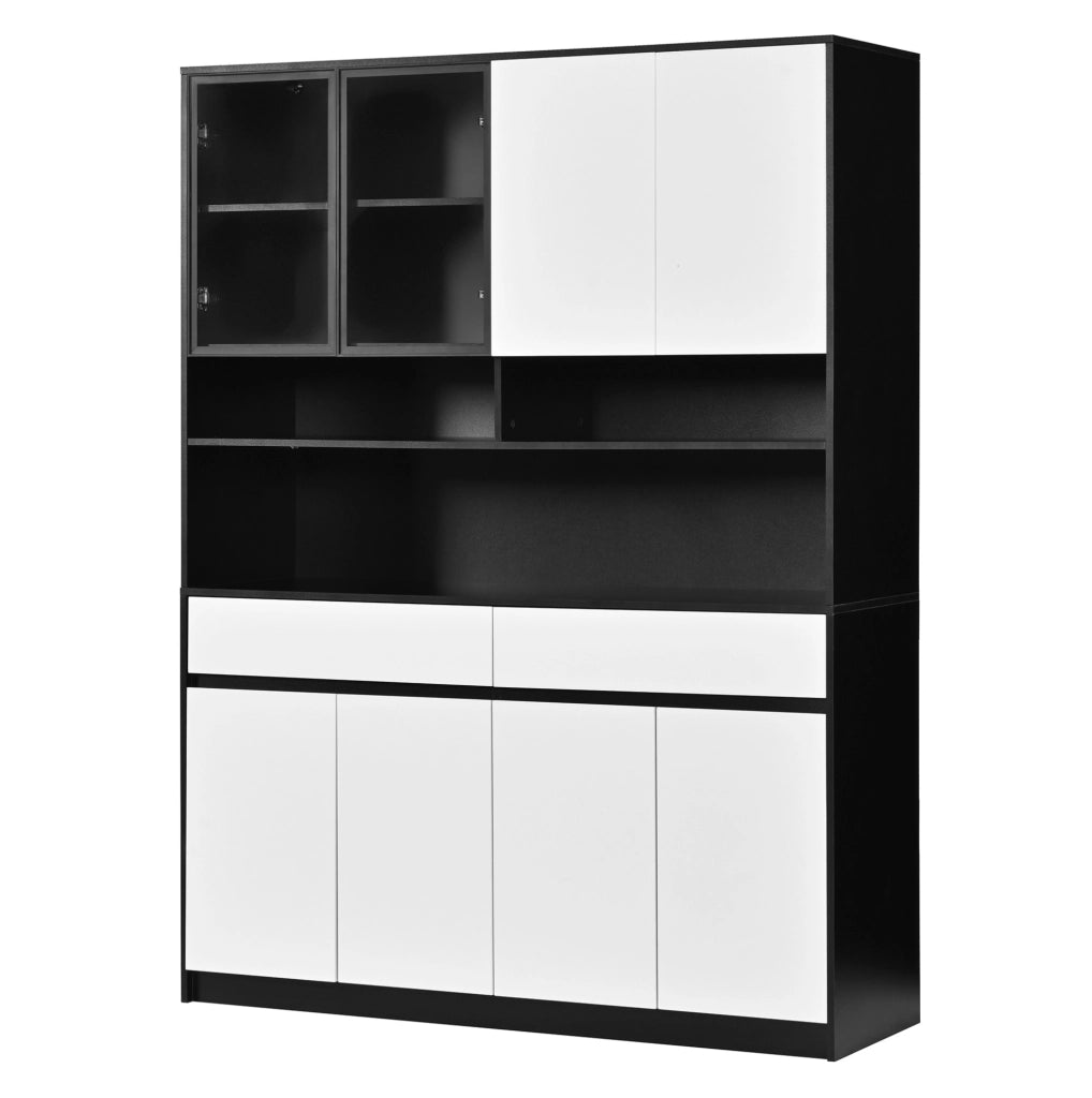 Armadio alto in MDF con 8 ante; 2 cassetti e illuminazione LED; nero e bianco