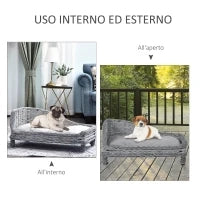 Cuccia per Animali Domestici Forma Chaise Longue in Vimini Grigio Cuscino in Pile 69x42x33cm