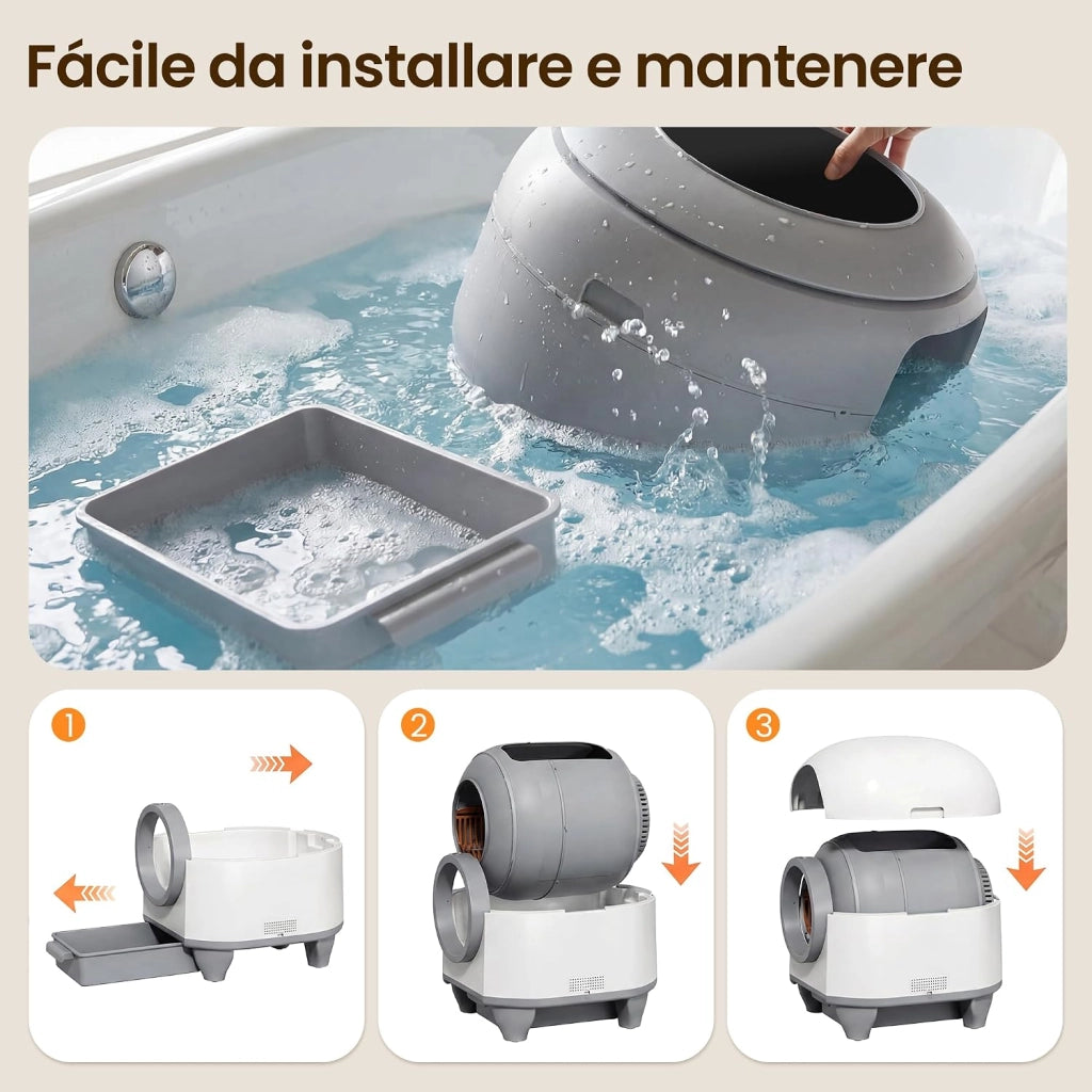 Lettiera Gatto Autopulente con APP, Lettiera Autopulente per Gatti da 90 L con Cassetto Feci da 8,5 L per Oltre una Settimana, Sistema Profumato e Sensore Radar, Adatta a Famiglie con Più Gatti.