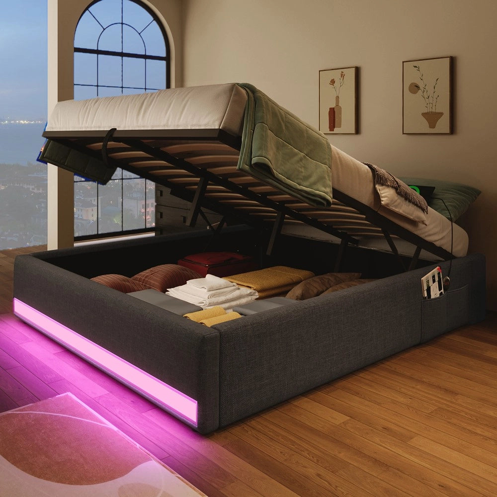 Letto Contenitore Imbottito con LED ¨C MINIMAL ¨C Grigio 140x200, USB, Senza Testiera
