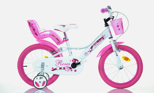 SCH ROSES 16", bicicletta per bambini, adatta tra i 5 e i 7 anni, per altezza tra 105 e 135 cm, con cestino, campanello 