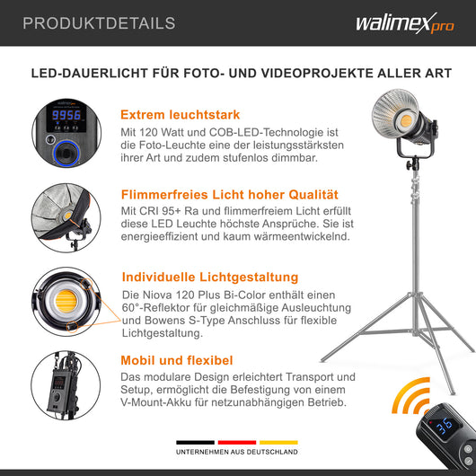 Niova 120 Plus Luce video LED dimmerabile Bi-Color con riflettore I Luce da studio con tecnologia COB LED I 5600 K, CRI=95 I Luminosità regolabile dal 10 al 100%.