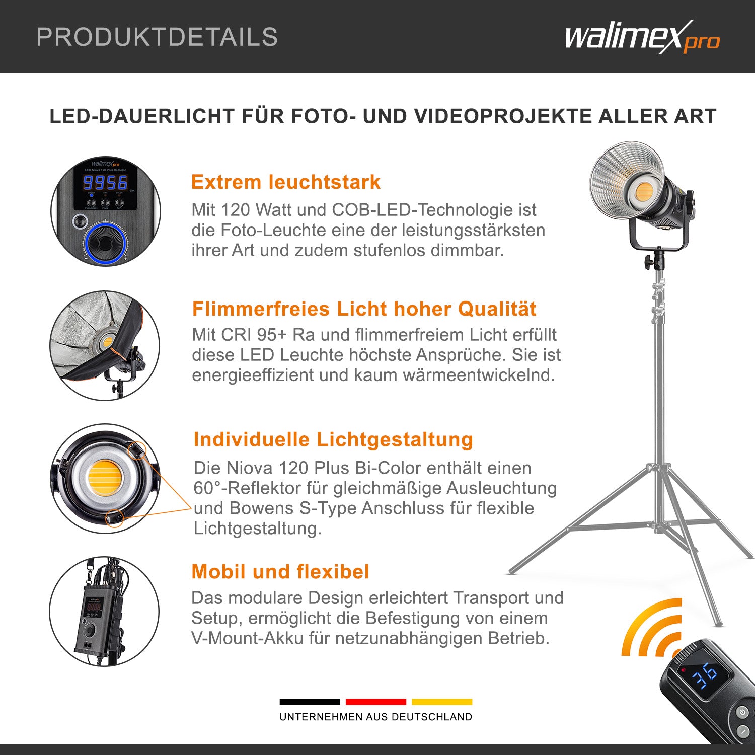 Niova 120 Plus Luce video LED dimmerabile Bi-Color con riflettore I Luce da studio con tecnologia COB LED I 5600 K, CRI=95 I Luminosità regolabile dal 10 al 100%.