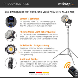 Niova 120 Plus Luce video LED dimmerabile Bi-Color con riflettore I Luce da studio con tecnologia COB LED I 5600 K, CRI=95 I Luminosità regolabile dal 10 al 100%.
