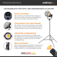 Niova 120 Plus Luce video LED dimmerabile Bi-Color con riflettore I Luce da studio con tecnologia COB LED I 5600 K, CRI=95 I Luminosità regolabile dal 10 al 100%.