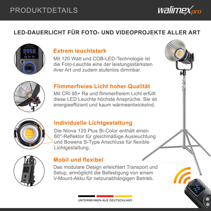 Niova 120 Plus Luce video LED dimmerabile Bi-Color con riflettore I Luce da studio con tecnologia COB LED I 5600 K, CRI=95 I Luminosità regolabile dal 10 al 100%.