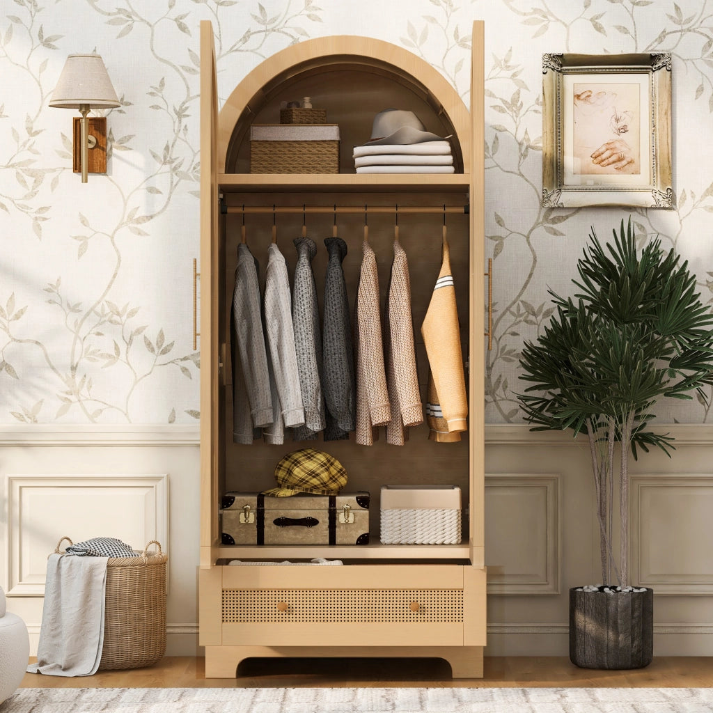 Armadio con 2 ante e 2 cassetti, porte effetto rattan, per camera da letto, in legno, colore legno 70 × 55 × 170 cm