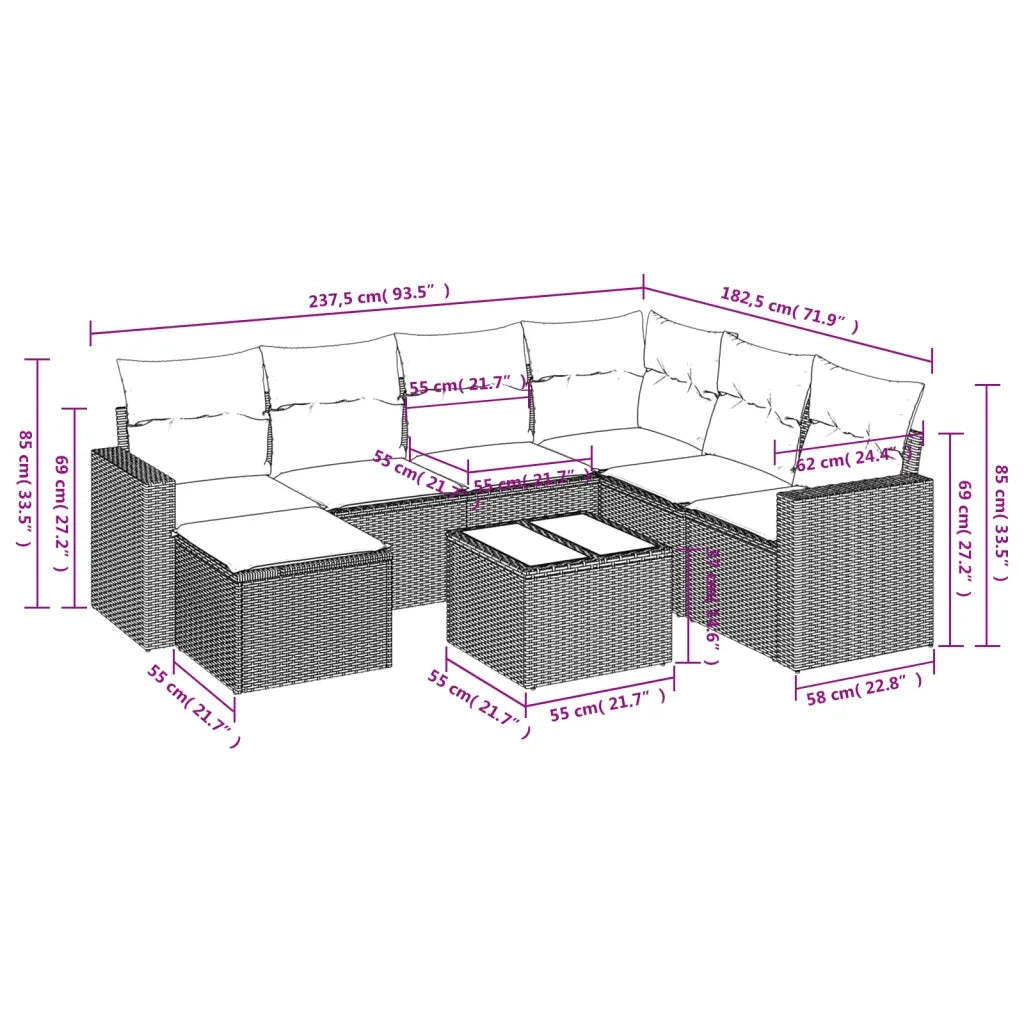 Set Divano da Giardino 8 pz con Cuscini Grigio in Polyrattan