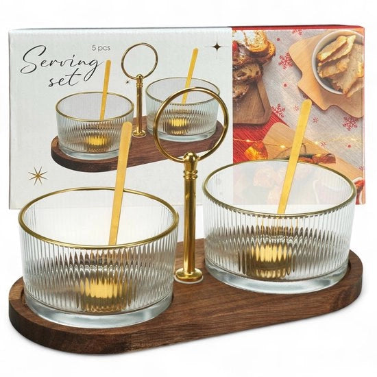 Set di servizio da 5 pezzi in legno di acacia con maniglia portatile - Piatti in vetro ruvido - Cucchiai dorati - Set di snack elegante e funzionale - Moderno e funzionale - Set di snack