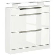 Scarpiera Moderna con 2 Cassetti per 16 Scarpe, Scarpiera a Ribalta con Mensola Regolabile e Ripiano in Vetro, 89x23x96cm, Bianco Lucido