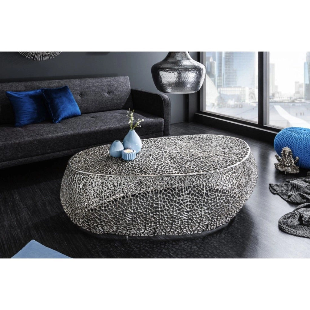 Tavolino design METRIX 122x69 cm – Alluminio argento con motivi arrotondati