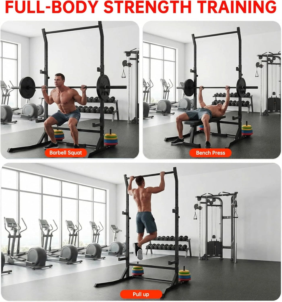 Power Cage Squat Rack - Rack di potenza multifunzionale per asta di casa, palestra, gancio a J regolabile e barre di sicurezza per trazioni con bilanciere