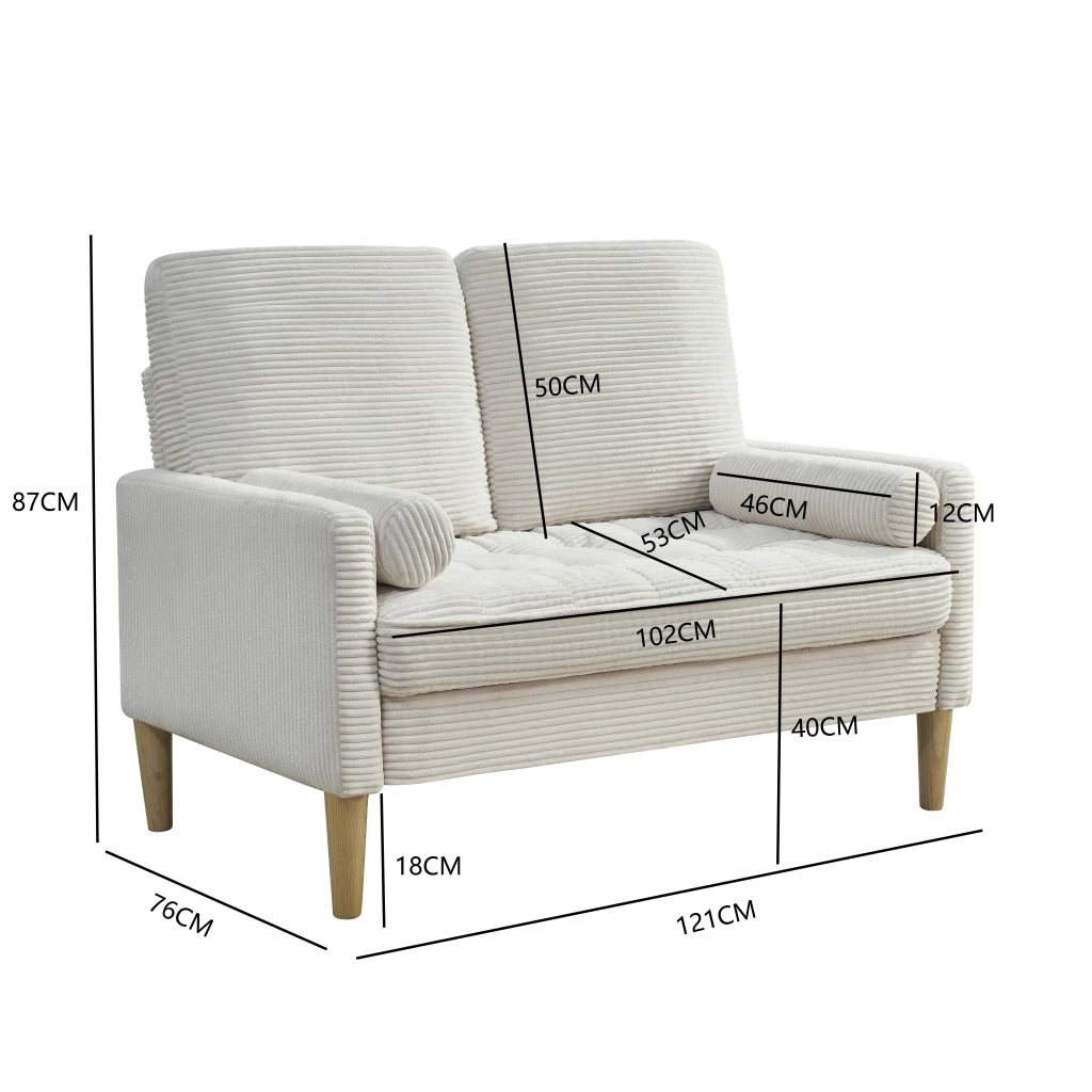 Divano a 2 posti compatto in tessuto a coste con cuscini imbottiti e gambe in legno, stile scandinavo beige