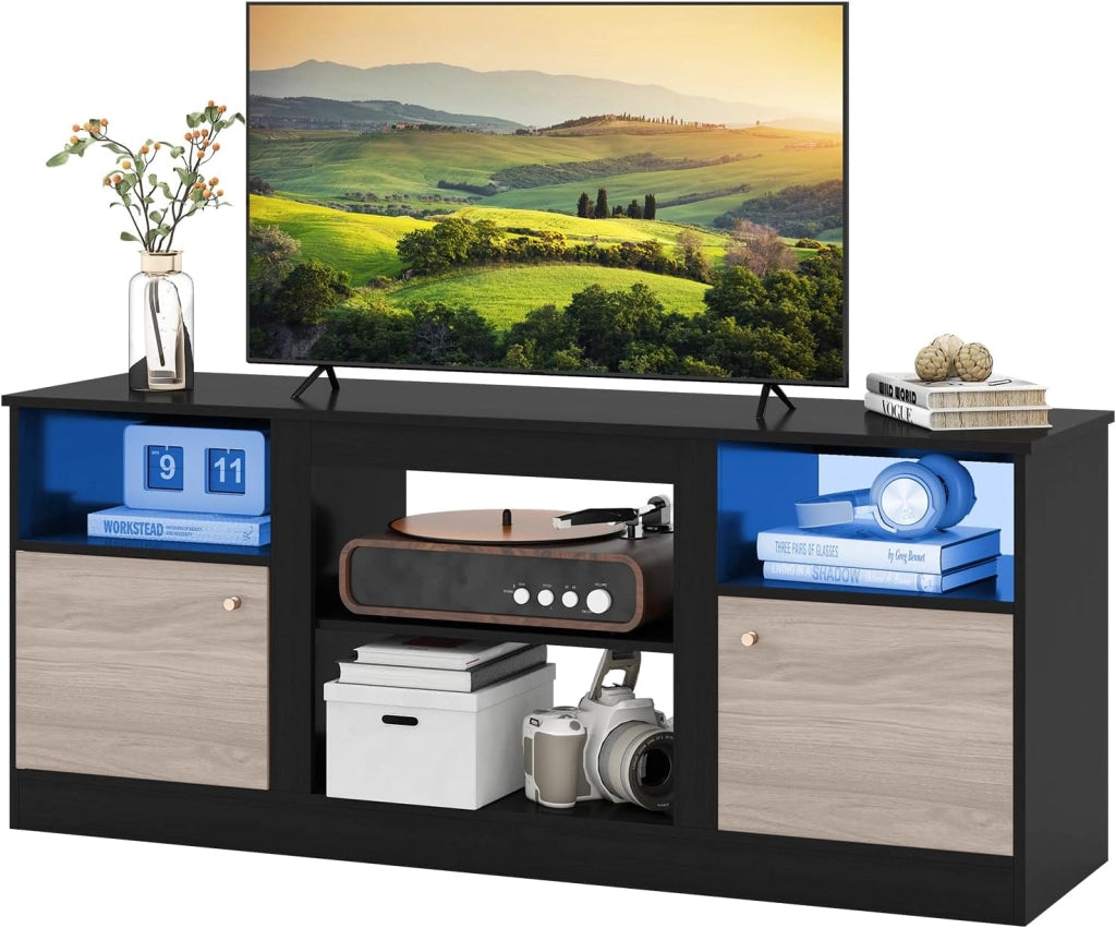 Mobile TV con Camino Elettrico Modulabile, Console di Stoccaggio con Illuminazione LED RGB Telecomando, Panca TV Fino a 65", Ripiani Regolabili, Design Elegante, Carico 95 kg