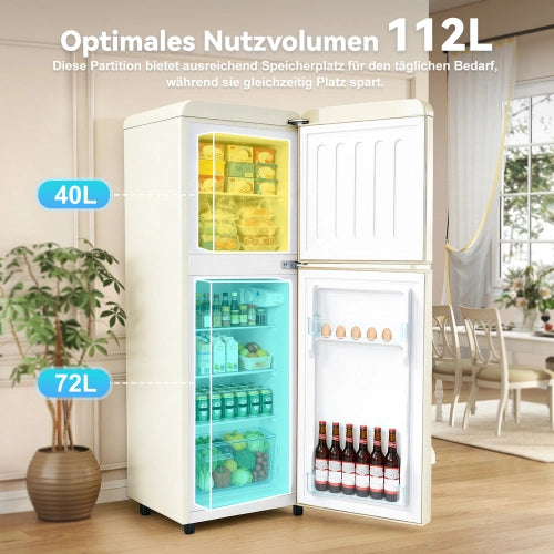 Frigorifero a doppia porta (112L) – controllo della temperatura a 7 livelli; classe di efficienza energetica E; luce LED; ripiani regolabili e portauova – Crema