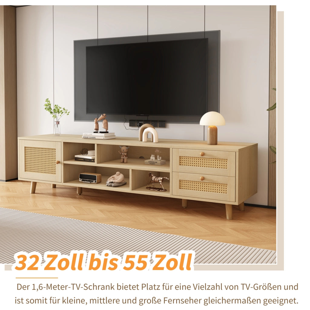 Mobile TV 160 cm effetto rovere con rattan, 2 cassetti e anta