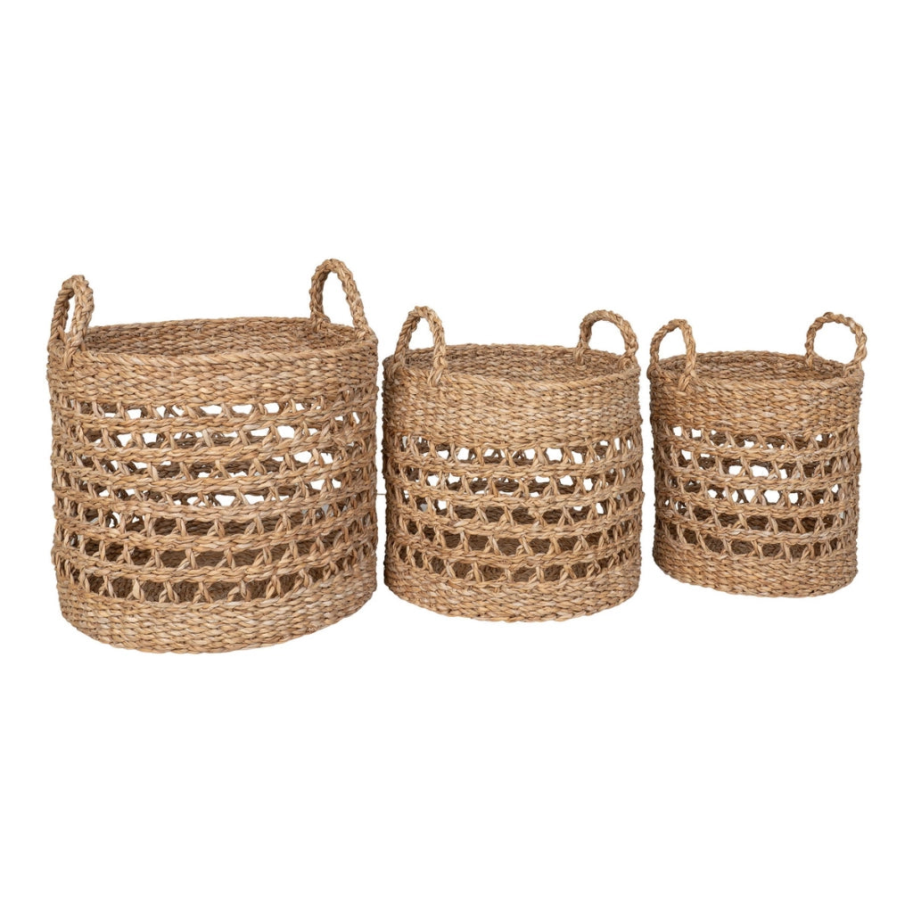 Set di 3 Cesti Portaoggetti Balok, Marrone, Erba Marina, 28x28x25 cm