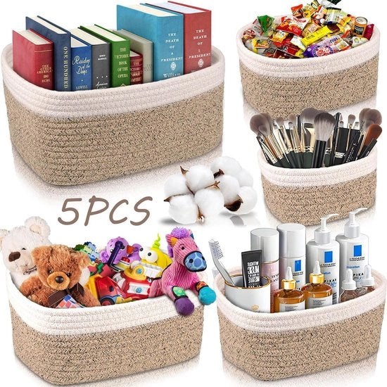 Set di contenitori 5 pezzi in cotone, contenitori per la conservazione, piccole ceste per l'organizzazione e la conservazione per camera da letto, bagno, cucina, armadio, giocattoli, trucchi