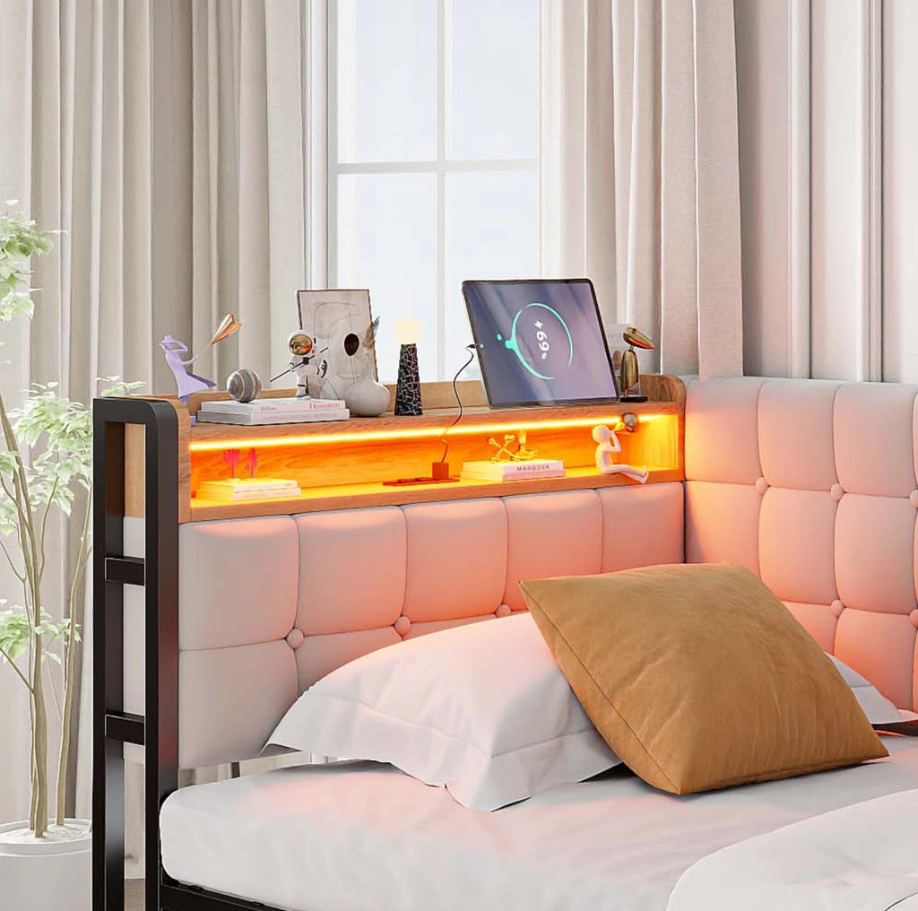 Divano letto imbottito 90x200 cm beige con 2 cassetti; LED; USB e porta Type-C