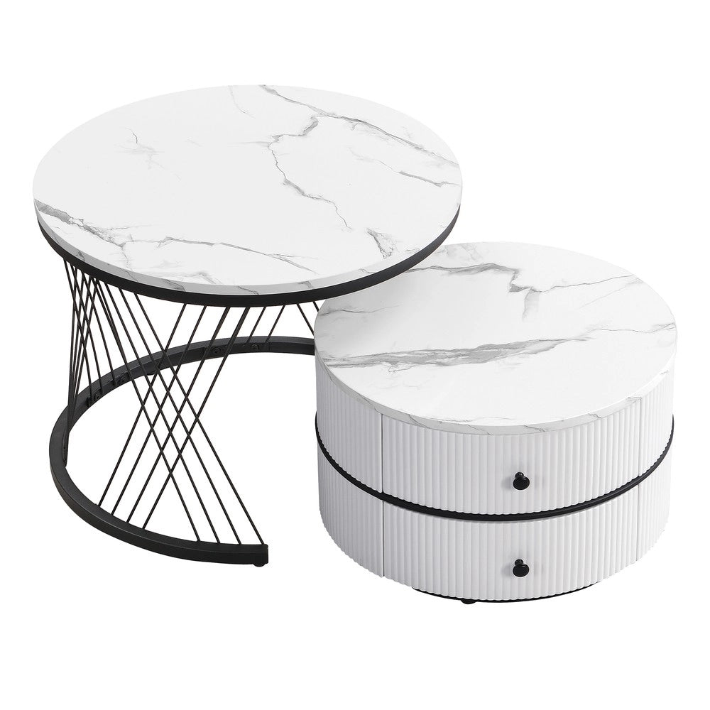 Set 2 Tavolini da Caff¨¨ Rotondi ¨C MINIMAL ¨C Bianco Lucido Effetto Marmo, 2 Cassetti, 60x60x46 e 50x50x31