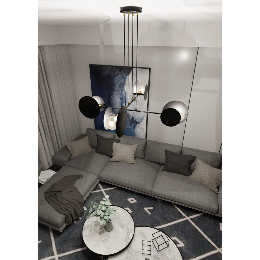 Lampada a sospensione Idea con cerchi geometrici in acciaio nero opaco
