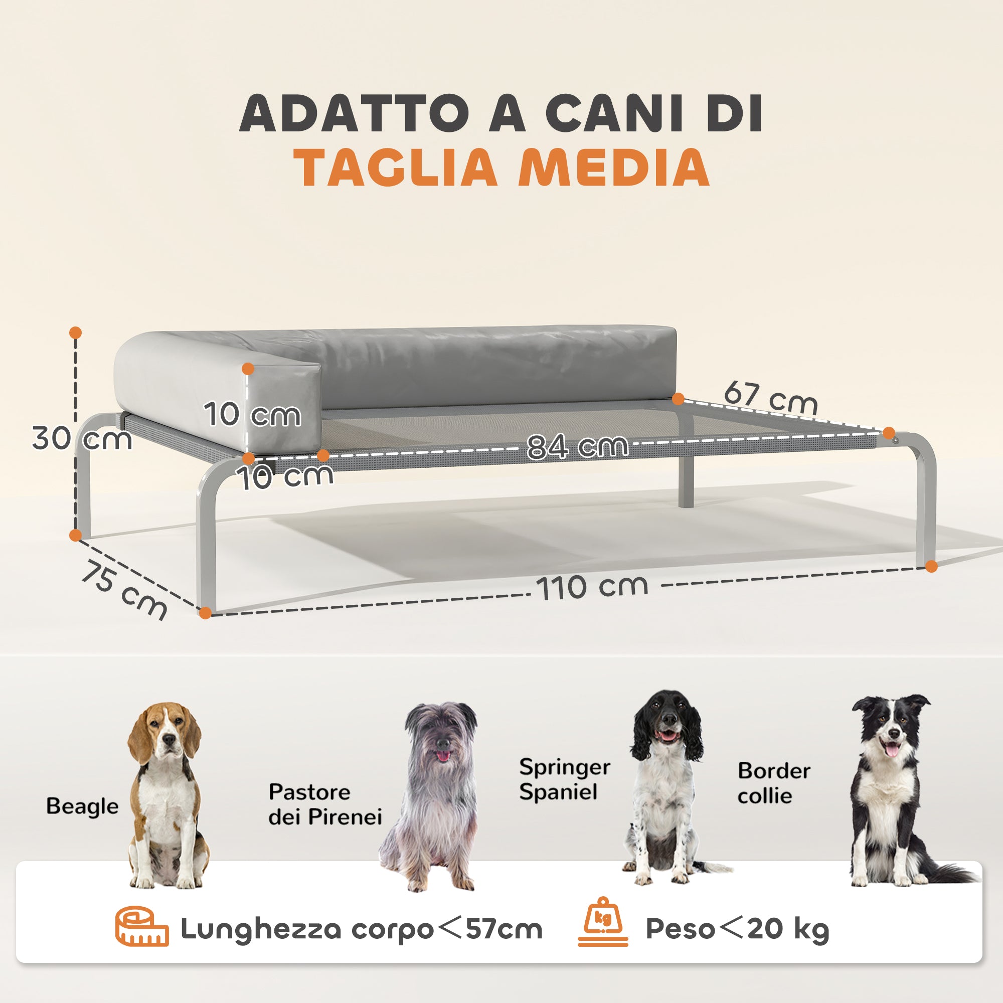 Brandina per Cani Rialzata 110x75x30 cm con Cuscino a L in Tessuto Grigio e Argento