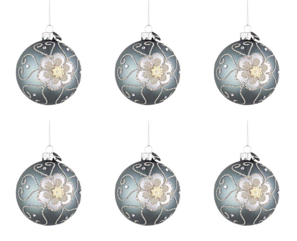 Palline di Natale in Vetro Blu Argento Fiore Eleganti Addobbi Albero Decorazioni Diametro: 80 mm