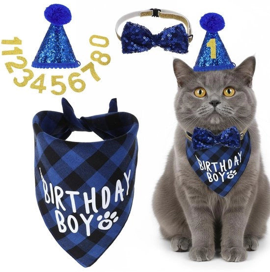 Abbigliamento per cani per compleanno - Decorazione per compleanni - Articoli da festa - Compleanno del gatto - Numero 8 - Blu/ Oro - Poliestere con pailletti - Festa per animali domestici