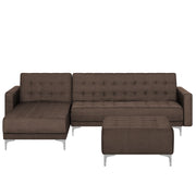 Divano letto angolare in tessuto capitonné marrone moderno a L componibile a 4 posti con ottomana chaise longue versione destra