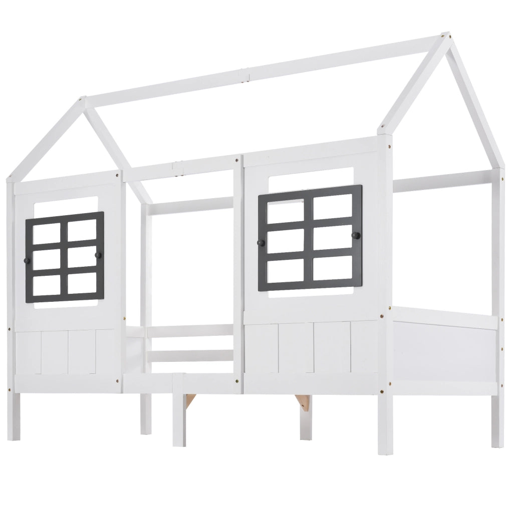 Letto a casetta con 2 cassetti e finestre; 200x90 cm; pino e MDF; bianco
