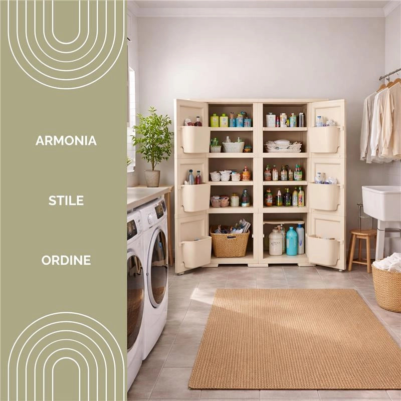 MOBILE MULTIUSO 2 ANTE ANGORA 79X43X125 CM CON 3 MODULI E 6 TASCHE LATERALI – ARMADIO ORGANIZZATORE VERTICALE CON RIPIANI E ANTE LISCE