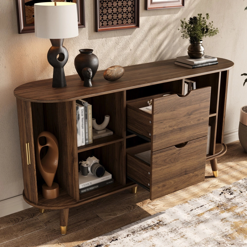 Credenza con 2 Ante Scorrevoli e 2 Cassetti; Angoli Arrotondati; Stile Moderno; in MDF; 140×40×79;5 cm; Noce