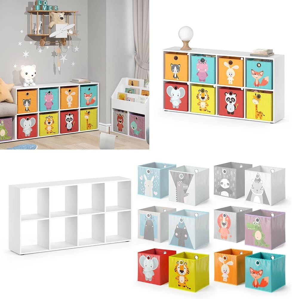 Libreria bambini Scutum, Bianco, 143 x 72 cm con 8 scatole pieghevoli, adatto per riporre giocattoli e libri