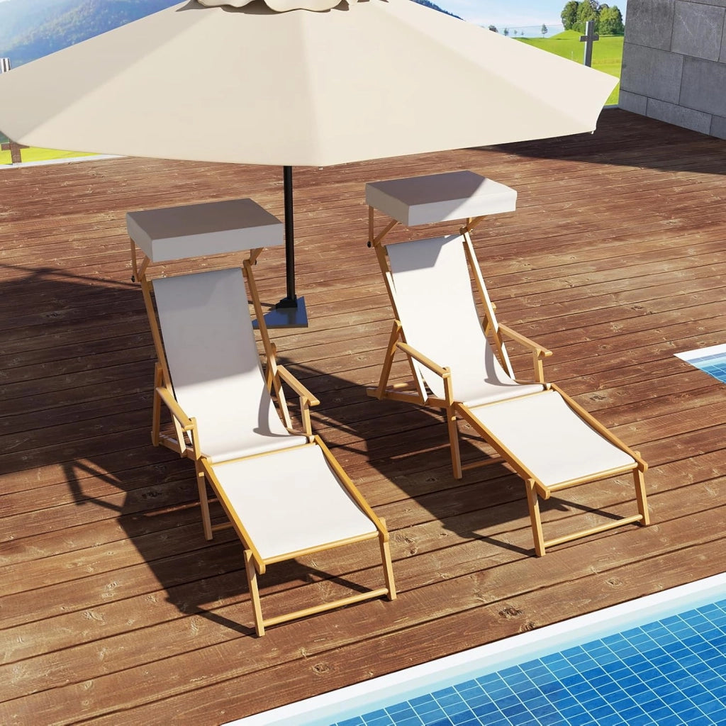 Sedia a Sdraio in Legno di Betulla, Lettino Prendisole da Giardino, Sedia da Spiaggia Pieghevole con Cappottina Regolabile e Rimovibile, Schienale Reclinabile e Poggiapiedi, Portata 100 kg