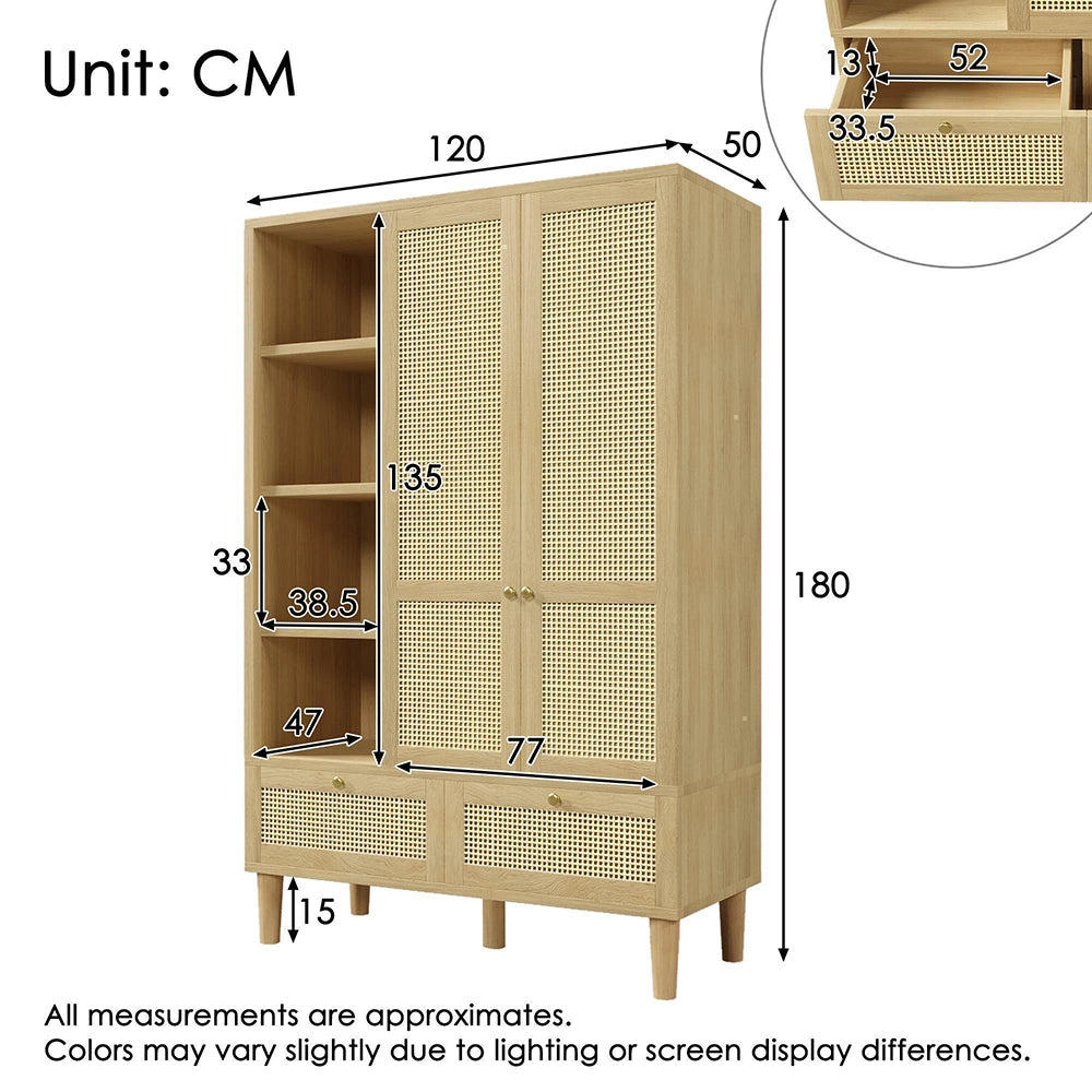 Armadio guardaroba con 2 ante e intreccio in rattan - Xylo - Stile cottage aspetto quercia, 2 cassetti, antiribaltamento, 180x120x50 cm