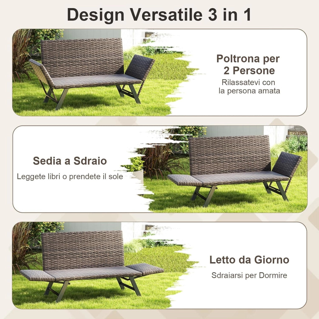 Divano Letto 2 Posti da Esterno in Rattan, Poltrona con Imbottitura in Schiuma e Braccioli Regolabili, Divano con Struttura Metallica per Cortile, Piscina, Portata 300 kg