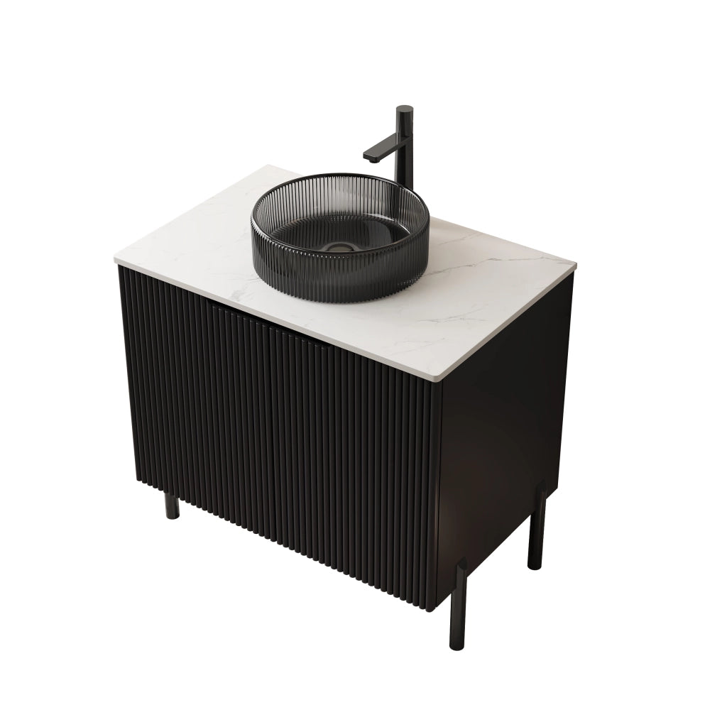 Mobile sottolavabo con lavabo rotondo in vetro nero, piano in pietra sinterizzata, 2 ante, per bagno, 76 × 48 × 87 cm