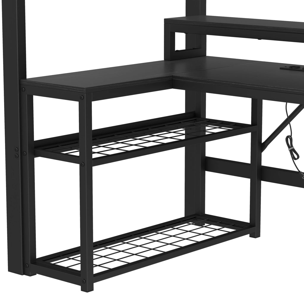 Letto a soppalco 90 x 200 cm in metallo nero con scrivania, LED, USB e contenitori
