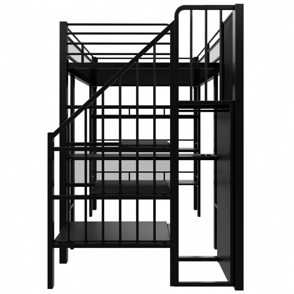 LETTO A CASTELLO 90x200 cm in metallo nero con scrivania e scaffale
