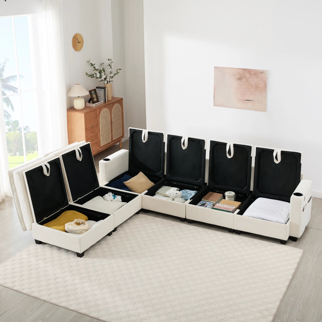 DIVANO Modulare L/U 280x151x82 cm Corduroy Beige con 2 poggiapiedi